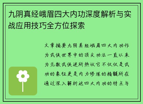 九阴真经峨眉四大内功深度解析与实战应用技巧全方位探索
